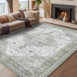Area Rug for Living Room, Indoor Machine Washable Rug for Bedroom Vintage Rug Dinning Room Floor Carpet Non-Slip Backing Rugs Floral Soft Low-Pile Office Rug (Sage Green, 8' × 10')