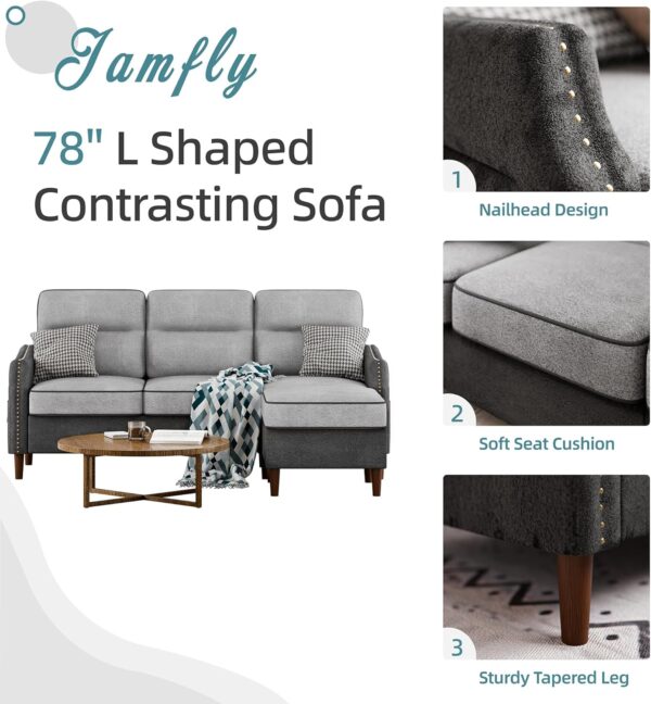 JAMFLY 78'' Sectional L Shaped Sofa Couch with Side Storage Bag, Convertible Sofa with Reversible Chaise and Rivet Decor for Living Room, Apartment and Small Space, Grey - Image 5