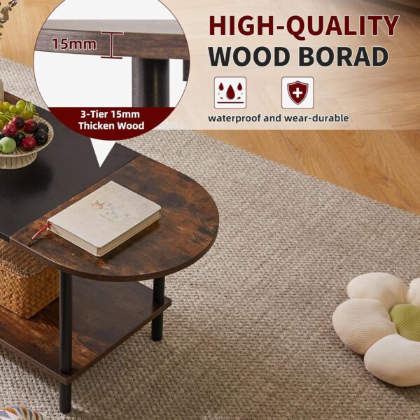 Mid Century Modern Coffee Table, Rustic Coffee Table Unique Color Contrast Design, 2-Tier Center TV Table 35x16x17in Rustic Brown + Black YD-011BH - Image 6