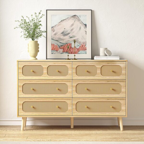 Rattan Dresser for Bedroom, Modern 6 Drawer Double Dresser with Gold Handles, Natural Wood Storage Dressers & Chests of Drawers, 6 Drawer Dressers - Image 3