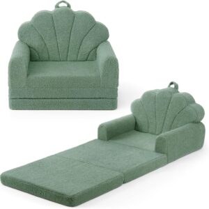 Blissful Diary Kids Couch, 2-in-1 Soft Toddler Couch Fold Out, Toddler Chair Comfy, Convertible Sofa to Lounger with Cute Shell Designs, Green