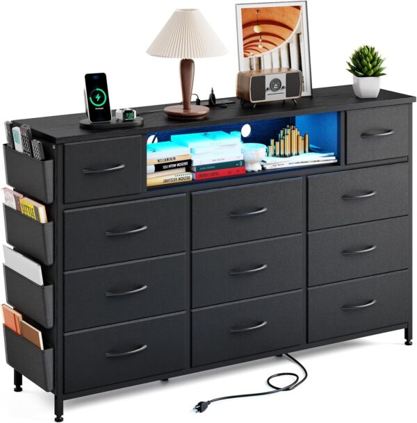 Fixwal Black Dresser for Bedroom with Power Outlets and LED Lights 11 Drawers Dresser with Side Pocket for Kids Bedroom, Fabric Chest of Drawers, for 60inch TV Long Dresser Storage Organizer