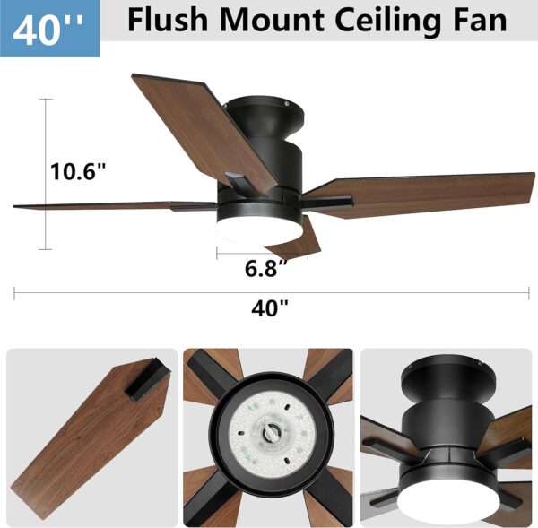 Ohniyou Ceiling Fan with Lights Flush Mount,40'' Small Ceiling Fans with Lights and Remote Control,Indoor Outdoor Quiet DC Black Low Profile Ceiling Fan for Patio Kitchen Dining Room Bedroom - Image 7