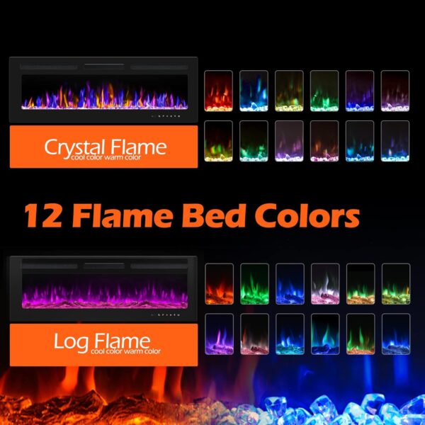 50" Electric Fireplace Wall Mounted and Recessed with Remote Control, 750/1500W Ultra-Thin Wall Fireplace Heater W/Timer Adjustable Flame Color and Brightness, Log Set & Crystal Options - Image 3