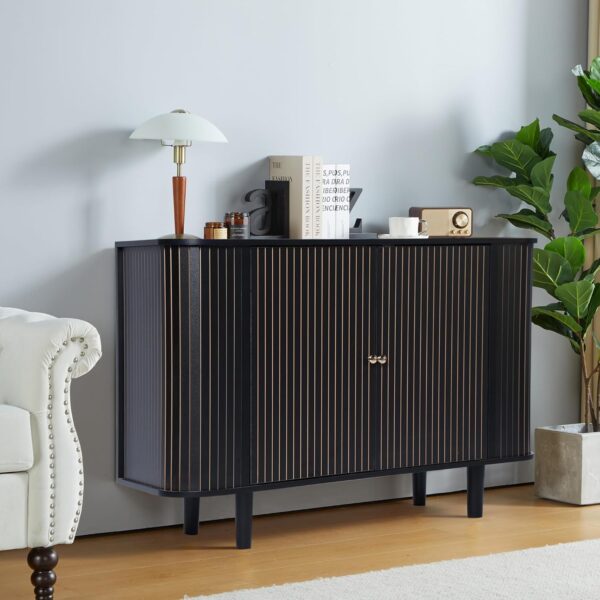 Storage Cabinet, Sideboard Buffet Cabinet with Stripping Decorated Design, 2 Doors and Adjustable Shelve, Console Table, Credenza for Living Room, Dining Room, Bedroom (Black) - Image 3