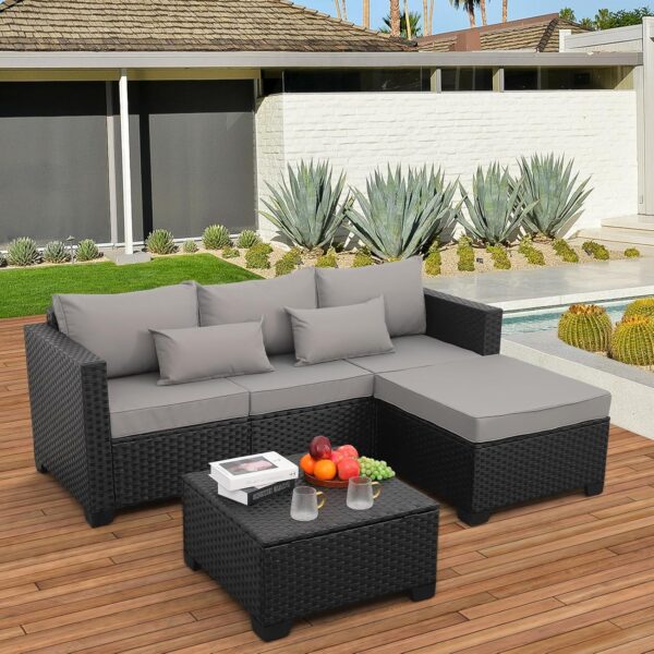 Rattaner 3 Pieces Patio Furniture Set Outdoor Sectional Wicker Patio Furniture Patio Couch with Ottoman and Outdoor Storage Table All-Weather Anti-Slip Cushions Waterproof Covers, Light Grey - Image 3