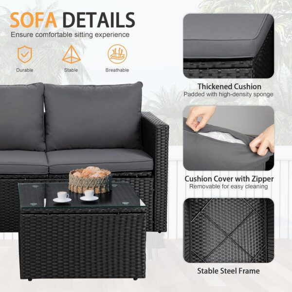 Shintenchi Outdoor Patio Furniture Sets, Small Outdoor Sofa Patio Sectional Sets 3-Piece All Weather Wicker Rattan Patio Seating Sofas with Glass Coffee Table and Cushion (Grey) - Image 4