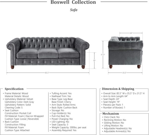 Lexicon Boswell Living Room Sofa, Dark Gray - Image 3