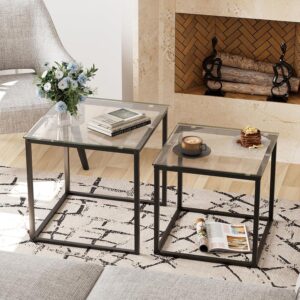 VILAWLENCE Coffee Table Set of 2, Modern Black Glass Side Table, Metal Frame Square End Table, Center Tables,Nesting Coffee Table for Living Room,Bedroom and Small Spaces
