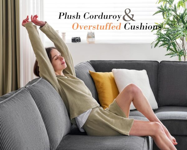 112 inch Sectional Sofa, Oversized Sofa with Storage Chaise, U Shaped Sofa Couch with USB Ports, Corduroy Couch—Grey - Image 5