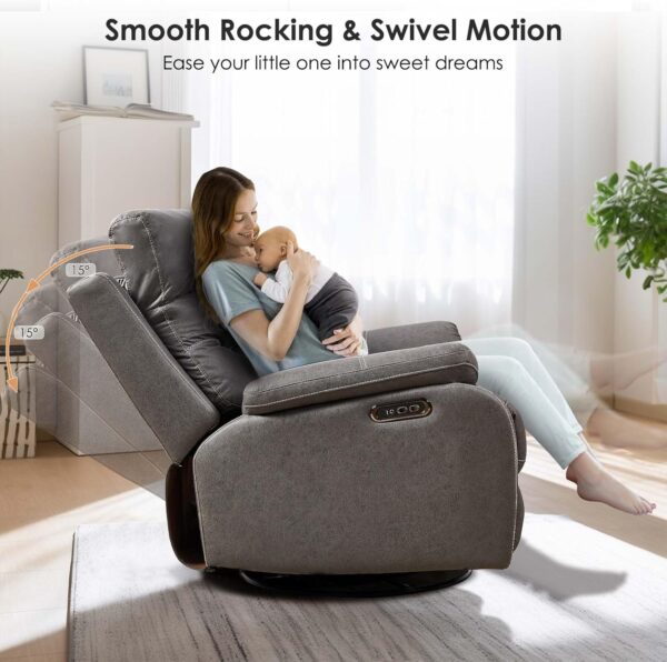 Power Swivel Nursery Glider Recliner Chair, Electric Rocking Sofa with Adjustable Headrest & Soft Cushions, Ultimate Comfort Living Room Bedroom Rocker Armchairs, Built-in USB, Light Gray - Image 3