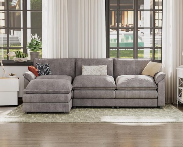 JUMMICO 119” Modular Sectional Sofa Couch, Modern Wide Arm L Shaped Couch with Deep Seat and Reversible Ottoman, Chenille Fabric Sleeper Sofa Couches for Living Room, Apartment (Gray, 4-Seat) - Image 6