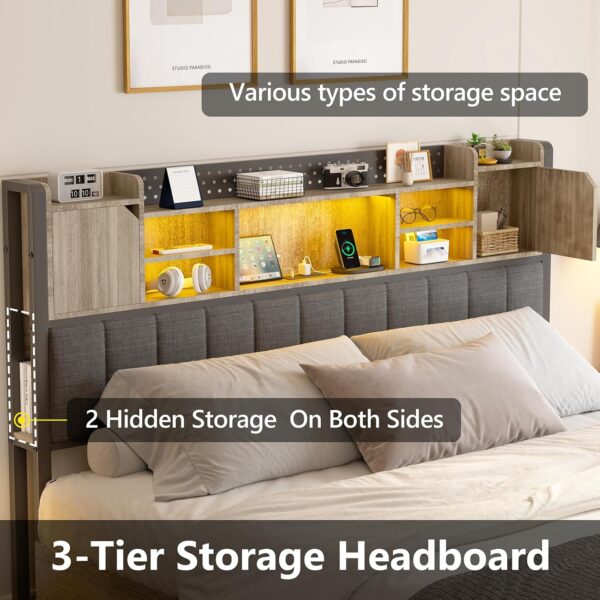 Full Bed Frame with 4 Storage Drawers and Bookcase Headboard, Upholstered Bed Full Size with USB Charging Station & LED Lights, Metal Platform Bed with Storage, No Box Spring Needed, Oak Gray - Image 5