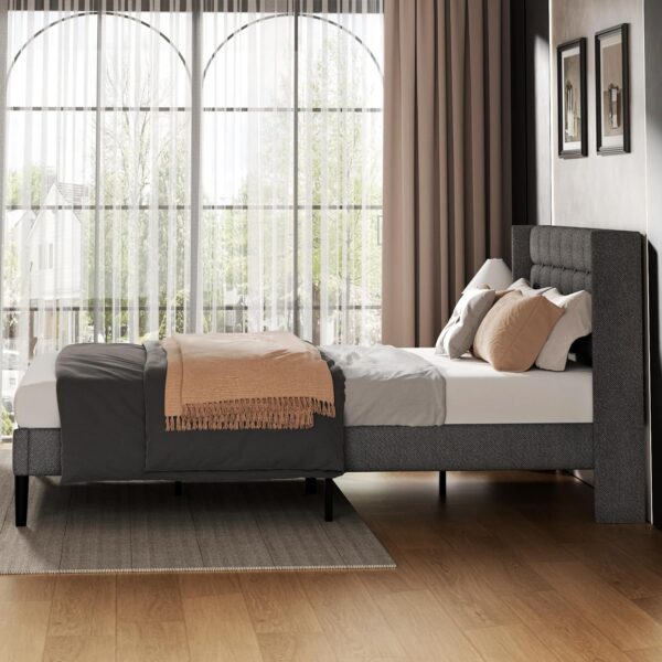 Queen Size Platform Bed Frame with Upholstered Headboard and Wingback, Mattress Foundation with Wooden Slat Support, No Box Spring Needed, Easy Assembly, Noise Free, Dark Gray - Image 7