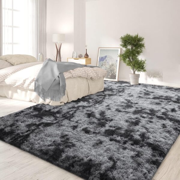 FlyDOIT Large Area Rugs for Living Room, 4x6 Feet Tie-Dyed Dark Grey Shaggy Rug Fluffy Throw Carpets, Ultra Soft Plush Modern Indoor Fuzzy Rugs for Bedroom Girls Kids Nursery Room Dorm Home Decor - Image 3