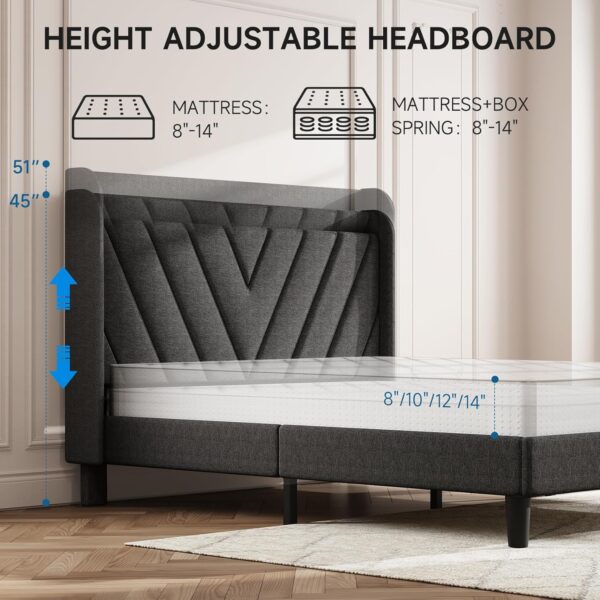 Queen Bed Frame with Headboard, Adjustable Upholstered Platform Bed Frame with Type-C&USB Ports, Wingback Storage Headboard, Solid Wood Slats Support, No Box Spring Needed, Dark Gray - Image 6