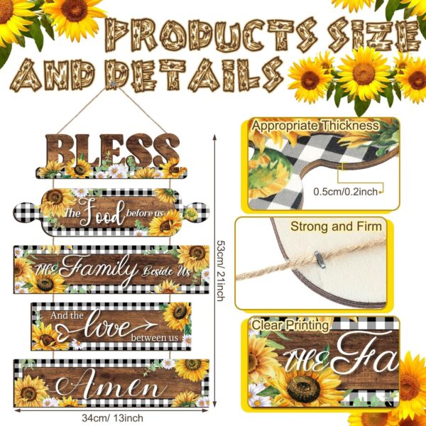 Sintuff Sunflower Kitchen Wall Decor Bless The Food Before Us Sign Farmhouse Kitchen Wooden Wall Signs Rustic Dining Room Wall Art Country Vintage Hanging Decoration for Home Room (Plaid Style) - Image 2
