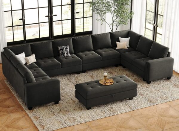 Belffin Oversized Modular Sectional Sofa U Shaped Sofa with Storage Ottoman Convertible 10-Seater Velvet Sectional Sofa with Chaises Grey - Image 4