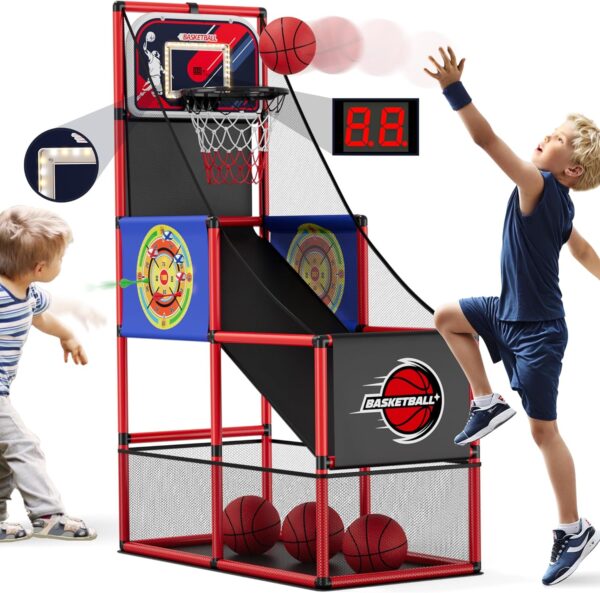 2 in 1 Basketball Arcade Game with 2 Dart Boards/Electronic Scoreboard/LED Light, Single Shot Kids Basketball Hoop for Home Indoor Outdoor, Sport Toys Gifts for Boys Girls Ages 3-12 Years Old