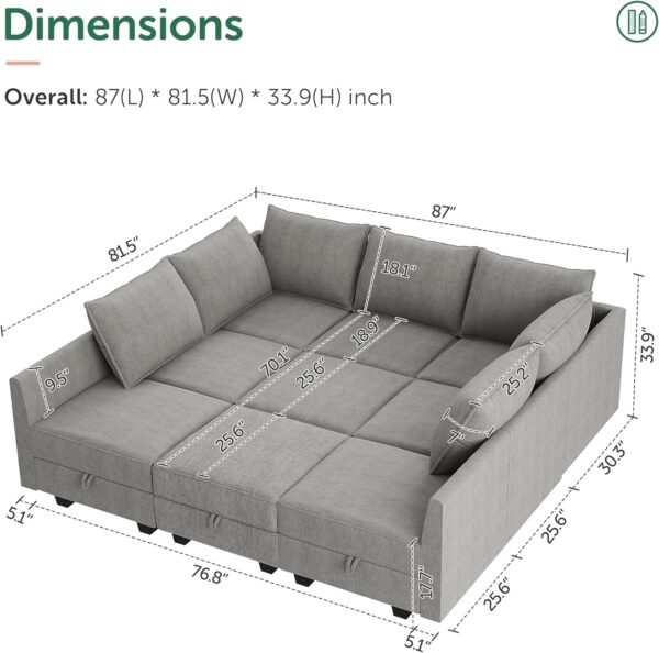 HONBAY Modular Sectional Sofa with Storage, Sleeper Sectional Sofa Modular Sectional Couch for Living Room, Grey - Image 2