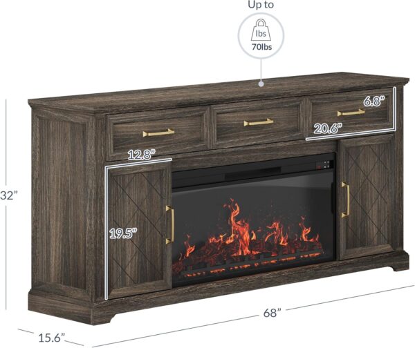BELLEZE 68 Inch Farmhouse TV Stand with 36" Electric Fireplace with Sound, Entertainment Center with Storage Cabinets & 3 Drawers for TVs up to 75", Media Console for Living Room & Bedroom (Brown) - Image 2