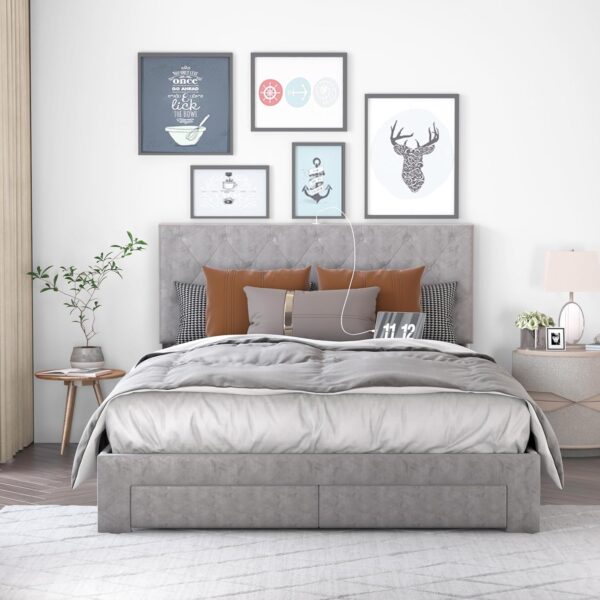 NSdirect Queen Size Bed Frame with Storage Drawer, Upholstered Velvet Platform Bed Frame with 2 Storage Drawers and Charging Station,Tufted Headboard, Grey Velvet - Image 3