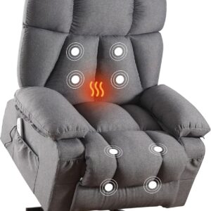 Oversized Power Lift Recliner Chair for Elderly, Big and Tall Lift Chair with Massage and Heat for Living Room, Fabric Electric Recliner Chairs with 4 Side Pockets, USB Charge Port, Grey