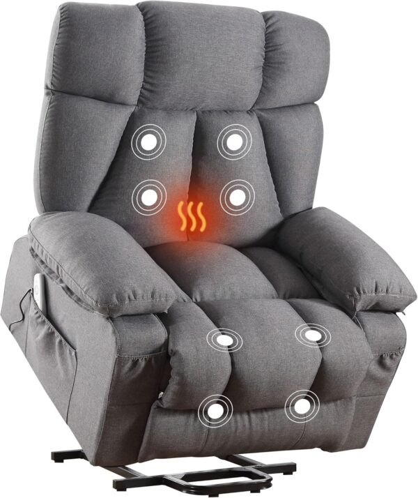 Oversized Power Lift Recliner Chair for Elderly, Big and Tall Lift Chair with Massage and Heat for Living Room, Fabric Electric Recliner Chairs with 4 Side Pockets, USB Charge Port, Grey