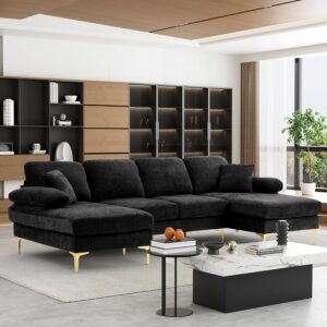 OUYESSIR U-Shaped Sectional Sofa Couch, 4 Seat Sofa Set for Living Room, 110.6" L-Shaped Chenille Sleeper Couch Set with Double Chaise Lounge (Black)