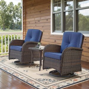 Patio Wicker Chairs Swivel Rocker - Outdoor Swivel Rocking Chairs Set of 2 with Rattan Side Table, Patio Swivel Glider Chair 3 Piece Patio Furniture Sets for Patio Porch Pool Brown/Blue