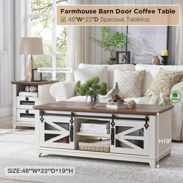 OKD 48'' Coffee Table with Storage & Sliding Barn Doors, Farmhouse & Industrial Cocktail Table w/Adjustable Shelves, Modern Rectangular Rustic Living Room, Meeting Room, Antique White - Image 3