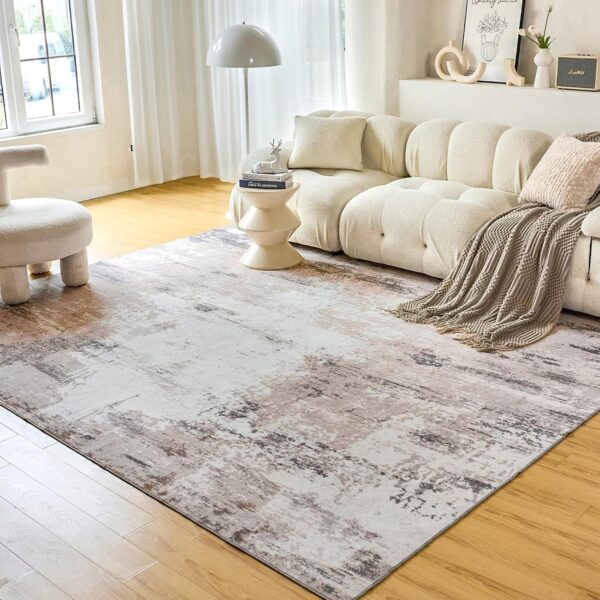 OIGAE Machine Washable Rug - 5x7 Area Rug Low-Pile Non-Shedding Foldable Abstract Modern Rugs, Stain Resistant Anti Slip Backing Rugs for Living Room&Bedroom&Dining Laundry Home Office Carpet, Brown