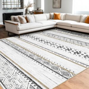 BESTSWEETIE 8x10 Area Rug for Living Room Washable Rug Moroccan Farmhouse Neutral Geometric Soft Low Pile Non-Slip Water Repellent Rug for Dining Room Bedroom Black/Brown