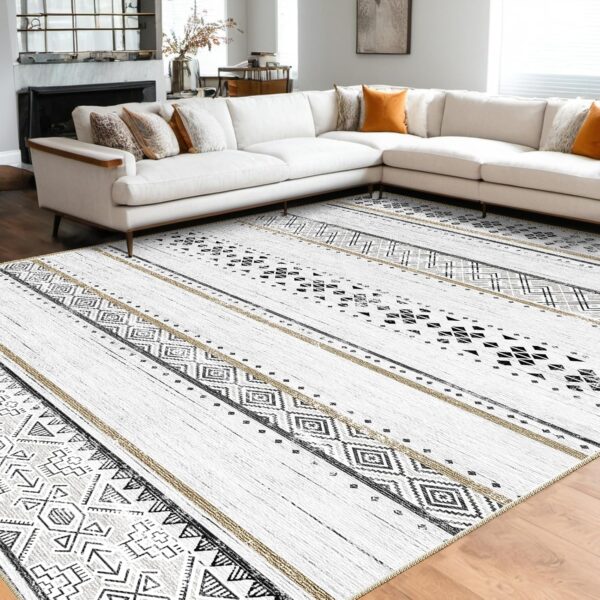 BESTSWEETIE 8x10 Area Rug for Living Room Washable Rug Moroccan Farmhouse Neutral Geometric Soft Low Pile Non-Slip Water Repellent Rug for Dining Room Bedroom Black/Brown