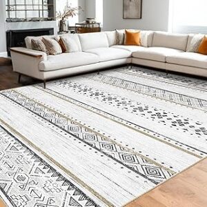 BESTSWEETIE 8x10 Area Rug for Living Room Washable Rug Moroccan Farmhouse Neutral Geometric Soft Low Pile Non-Slip Water Repellent Rug for Dining Room Bedroom Black/Brown