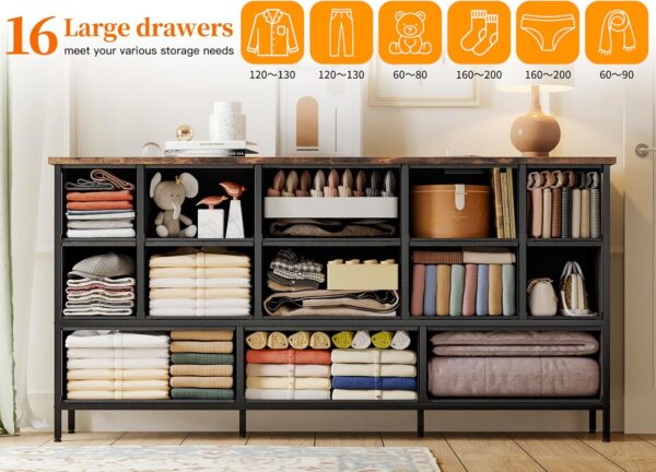 Fixwal 63.3 Inch TV Stand for Bedroom, 16 Large Drawer Dresser, Long TV Stand for 55, 65, 70 Inch TV with Power Outlets, Fabric Chest of Drawers for Bedroom, Living Room, Entryway, Rustic Brown - Image 6