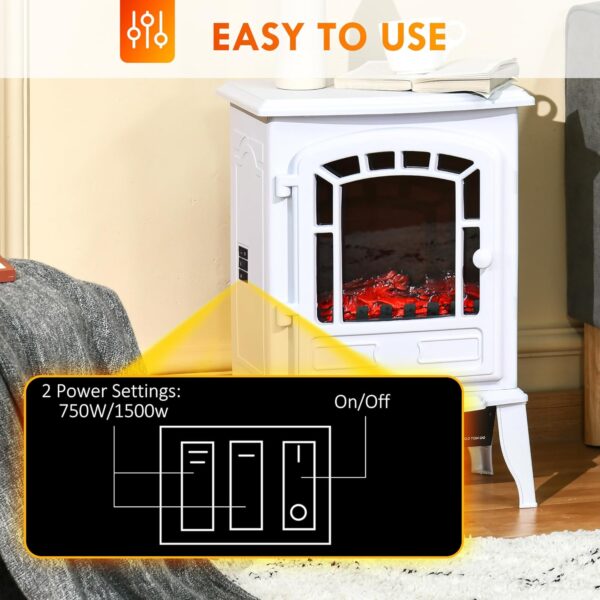 HOMCOM 22" Free Standing Electric Fireplace Stove, Fire Place Heater with Realistic Flame Effect, Overheat Safety Protection, 750W / 1500W, White - Image 4