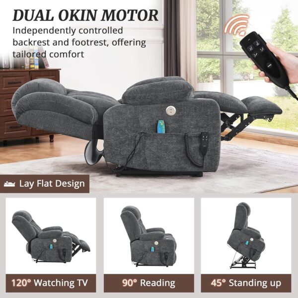 Oversized Power Lift Recliner Chair for Adults, Dual Motor Recliner Chair for Elderly, Lazyboy Recliner Chair with Heat and Massage, Infinite Position, USB Port, Side Pockets, Linen, Dark Gray - Image 3