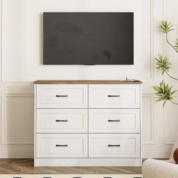 Fameill Dresser for Bedroom, 6 Drawer Wide Dresser Organizer with Charging Station, Tall Dresser for Hallway, Wood Dresser with Metal Handles, Farmhouse - Image 7