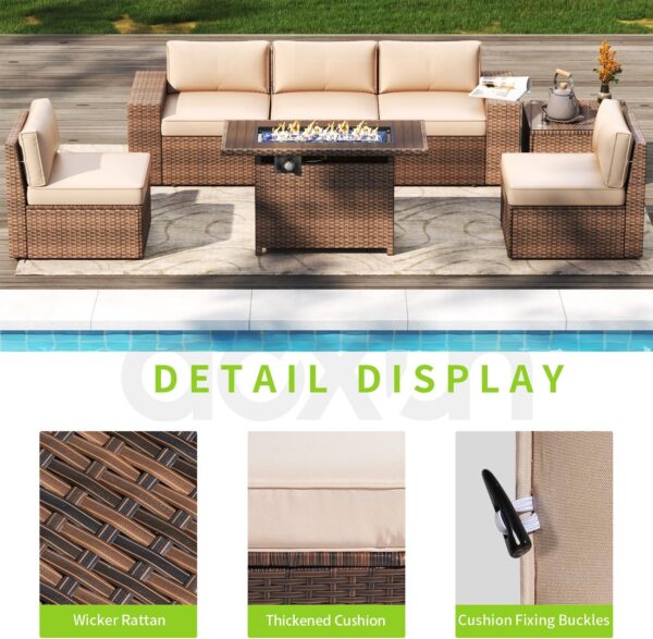 Aoxun 7 Pieces Patio Furniture Set Outdoor Wicker Rattan Furniture 44” Fire Pit Table Outdoor Sectional Sofa Include Waterproof Cover with Thickened Cushions (7 Piece, Beige) - Image 6