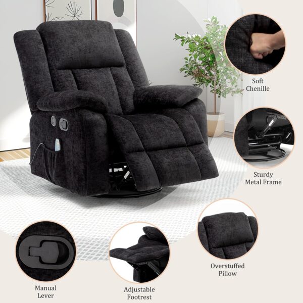 Rocker Recliner Chair for Adults, 360°Swivel Recliner Chair with USB Ports, Electric Recliner Chairs with Massage and Heating, Rocking Recliner for Living Room, Nursery, Black - Image 5
