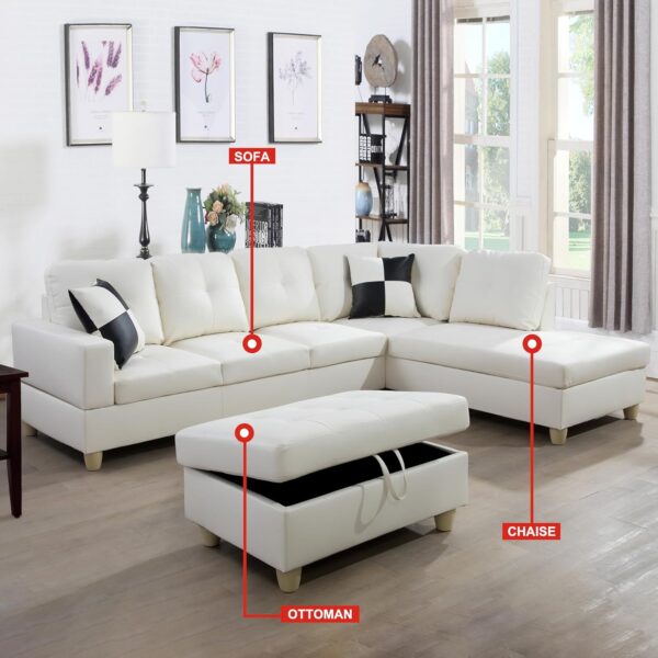 RITSU L Shape 3 Piece Sectional Sofa Set, Upholstered Corner Couch with Storage Ottoman, Faux Leather Tufted Cushions, for Living Room, Apartment, 103inch, White w/Right Chaise Lounge - Image 3