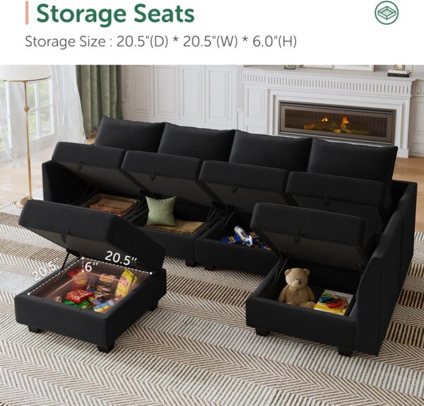 HONBAY Modular Sectional Sofa with Storage Seat Velvet L Shaped Sectional Couch Sectional Couches for Living Room,Black - Image 3