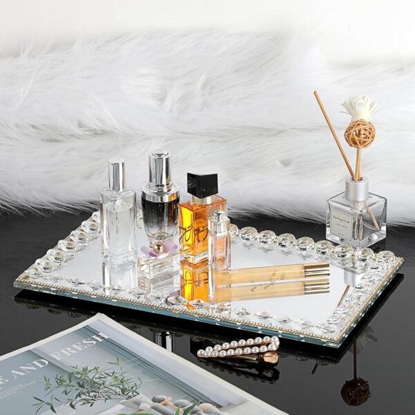Hipiwe Glass Vanity Tray - 13.7"x7.8" Mirror Decorative Tray Sparkling Crystal Perfume Tray Gorgeous Bathroom Organizer Tray for Makeup Jewelry Serving Tray for Coffee Table - Image 2