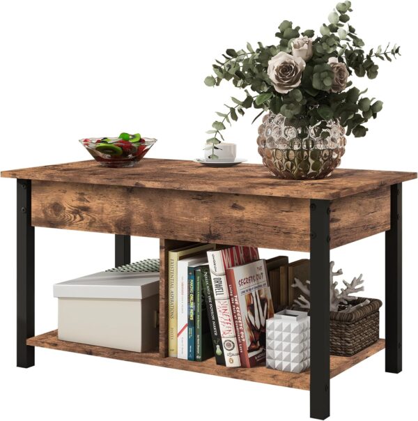 Industrial Lift Top Coffee Table with Hidden Storage Compartment & Storage Shelf, Dining Center Table for Living Room Reception Room, Rustic Brown and Black, Easy Assembly - Image 3