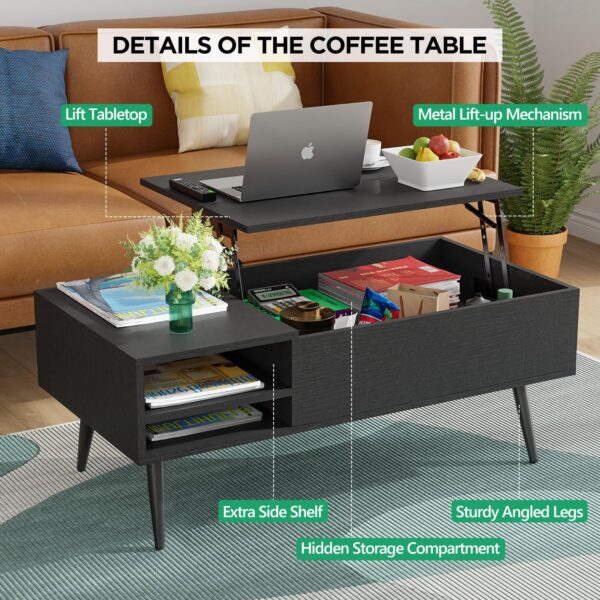 PayLessHere Lift Top Coffee Table with Adjustable Storage and Hidden Compartment Small Wood Coffee Table Center Table for Home Living Room Office Apartment Reception Room,Black - Image 4