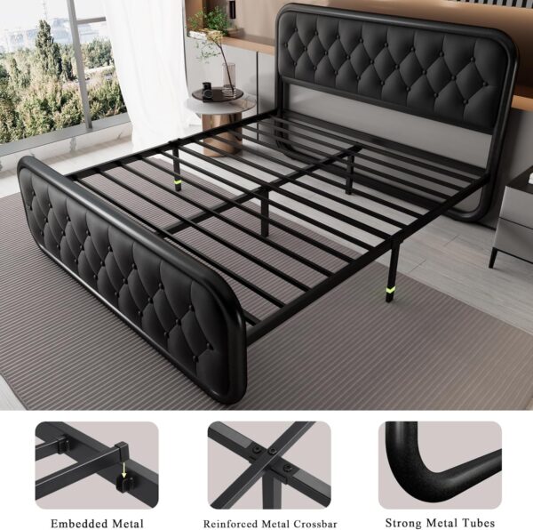 Feonase Full Size Bed Frame, Heavy Duty Bed Frame with Faux Leather Headboard, Upholstered Platform Bed with Strong Metal Slats, 12" Under-Bed Storage, Noise-Free, Easy Assembly, Black - Image 12