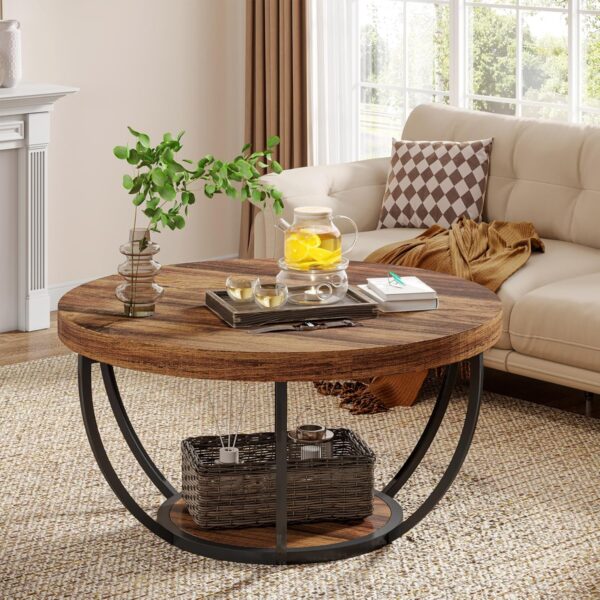 Tribesigns Round Coffee Table, Industrial 2-Tier Circle Coffee Table with Storage Shelves, Modern 31.7" Wooden Accent Center Table for Living Room, Home Office, Rustic Brown - Image 3
