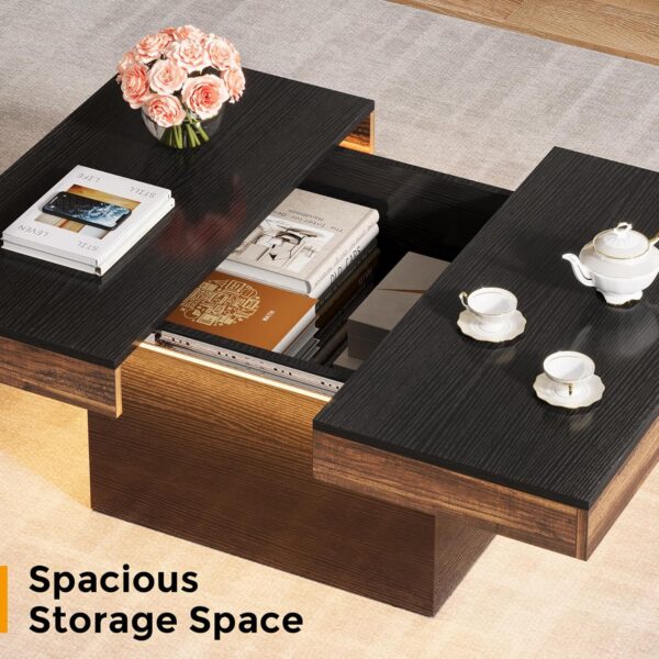 Coffee Table, Square LED Coffee Table, High Glossy Coffee Table with Storage, Farmhouse Coffee Table Low Coffee Table Engineered Wood Coffee Table for Living Room - Image 6