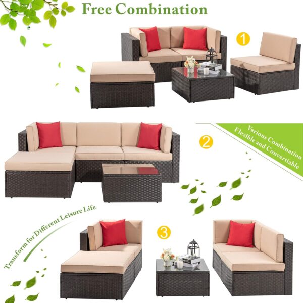 Vongrasig 5 Piece Patio Furniture Sets, All-Weather Brown PE Wicker Outdoor Couch Sectional Set, Small Conversation Set for Garden/Patio w/Ottoman, Glass Table, Red Pillow, Beige - Image 5